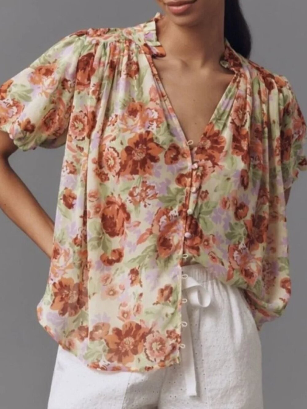 Anthropologie The Estela Short-Sleeve Sheer Printed Blouse, Yellow, XXS